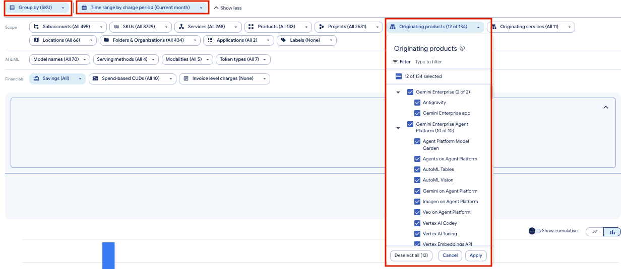Billing report: Group by SKU, time range Current month, and the Originating products filter with 12 of 134 selected, including Gemini Enterprise and Gemini Enterprise Agent Platform